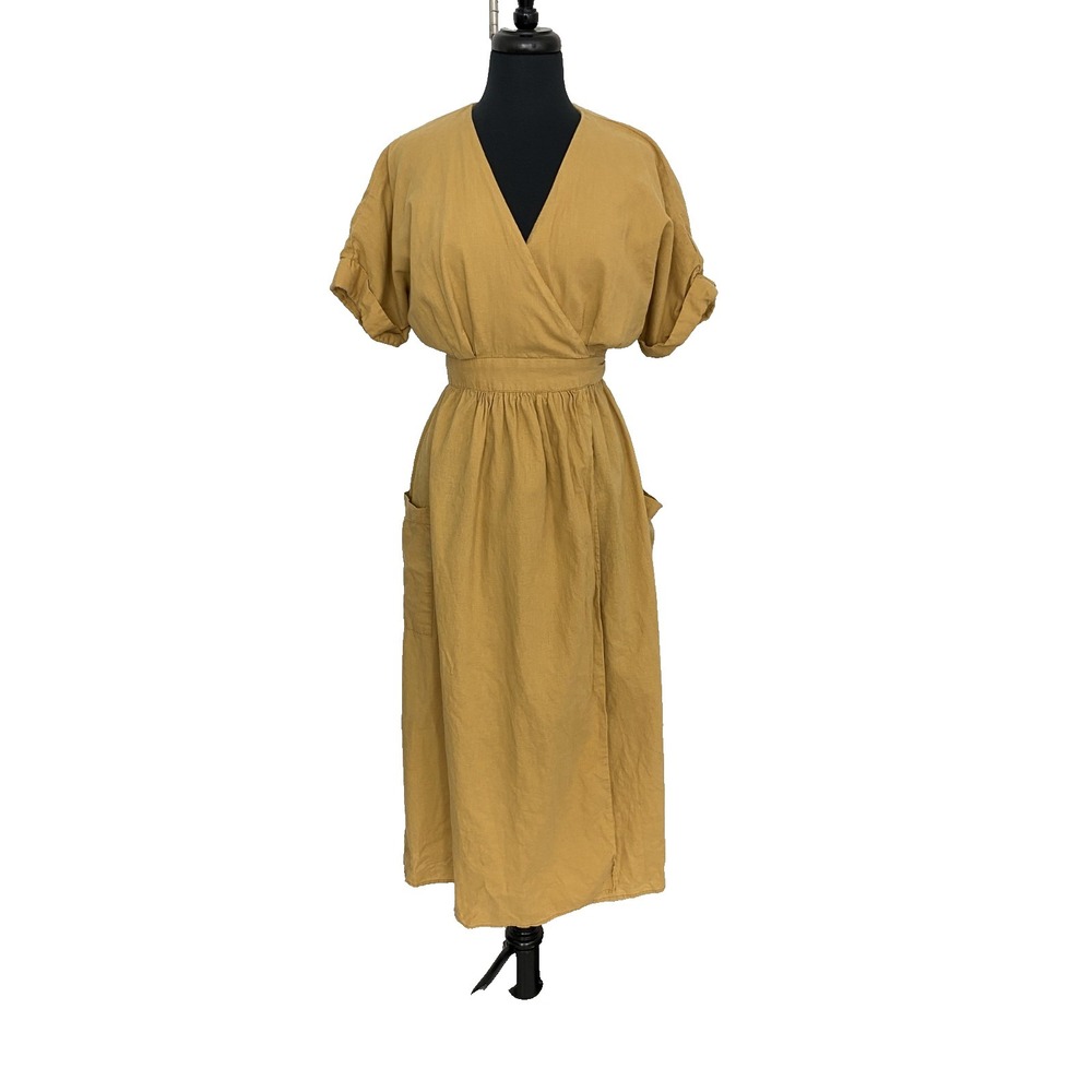 Urban Outfitters Midi Dress Women Sz S Mustard Yellow Wrap Linen Blend Cottage - Picture 5 of 13